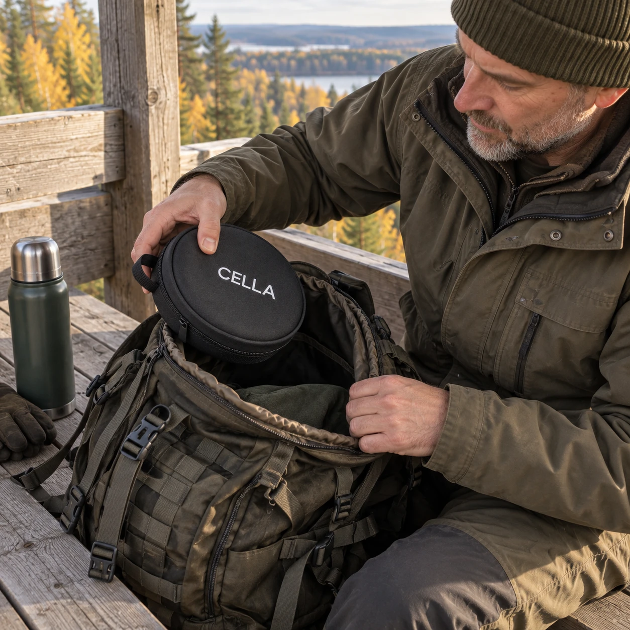 CELLA:s kompakta skyddsfodral tillsammans med dagens packning