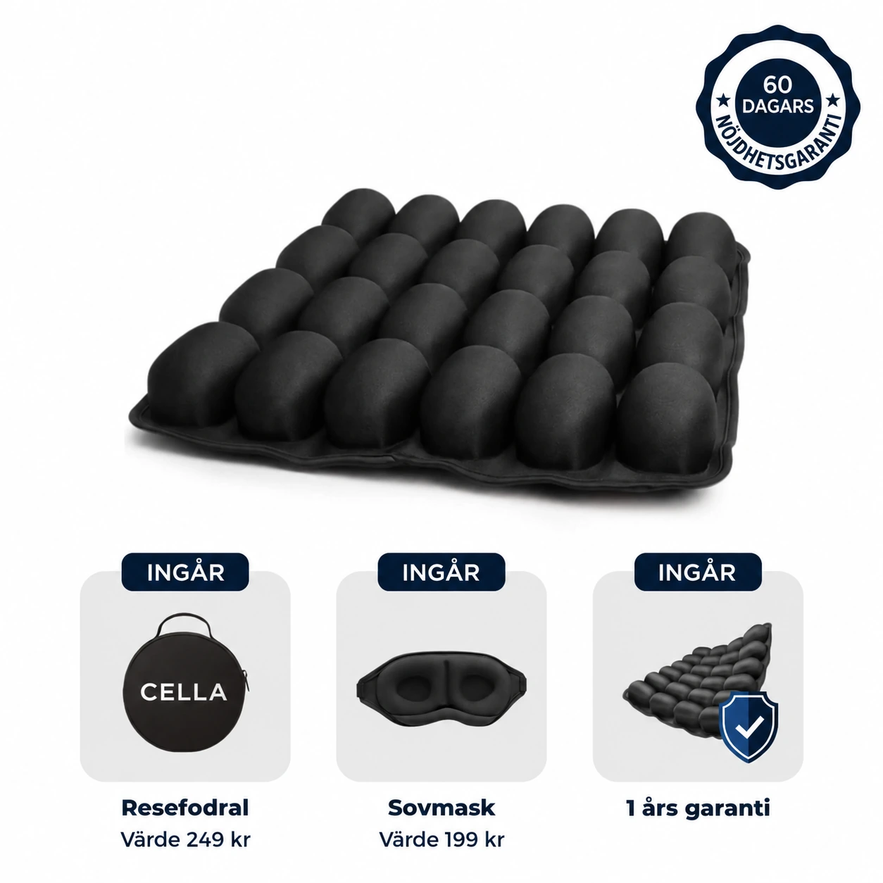 CELLA med fodral, sovmask och ett års garanti