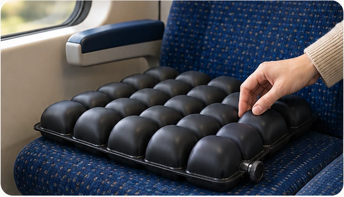 En hand placerar CELLA på ett tågsäte